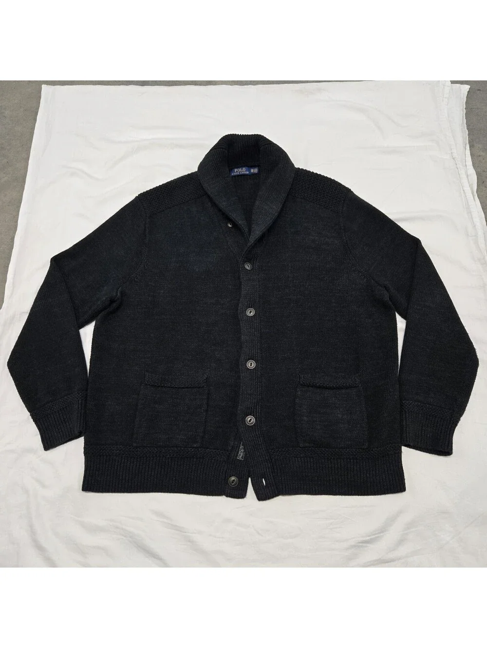 Sz 3XB Polo Ralph Lauren Cardigan Black 100% Cotton Button Up Shawl Sweater EUC